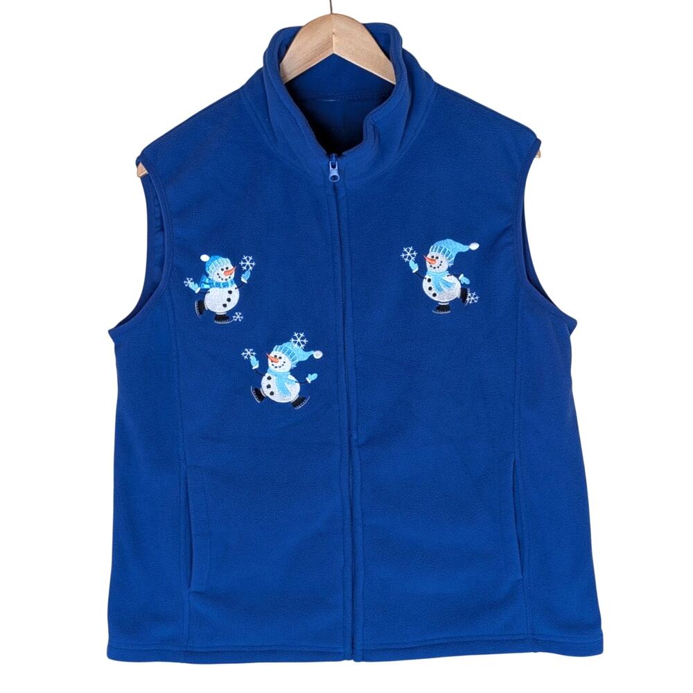 Vintage Womens Holiday Cozy Fleece Vest Size Large Blue Snowmen Embroidery EUC